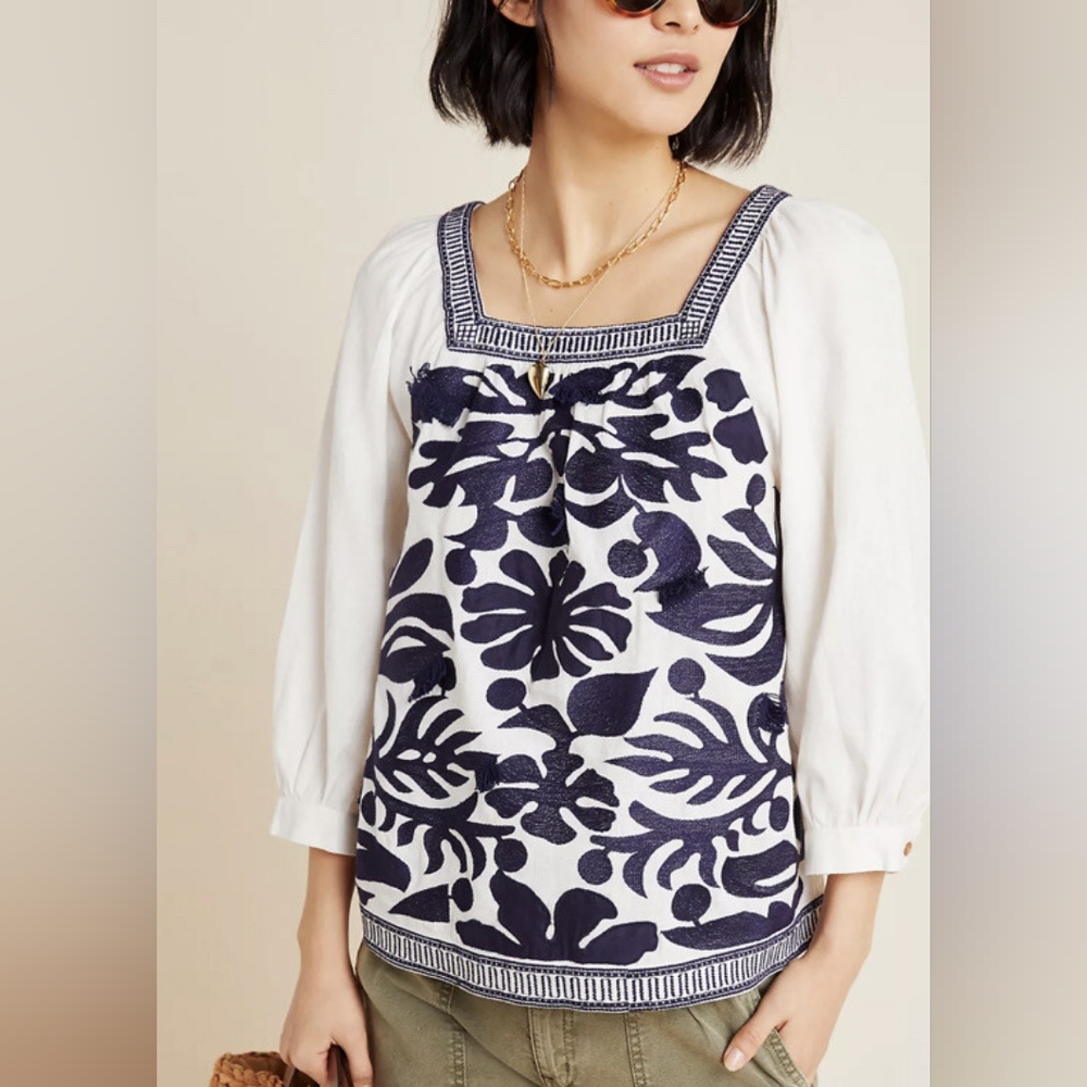 Anthropologie Maeve Navy and White Embroidered Squareneck Top